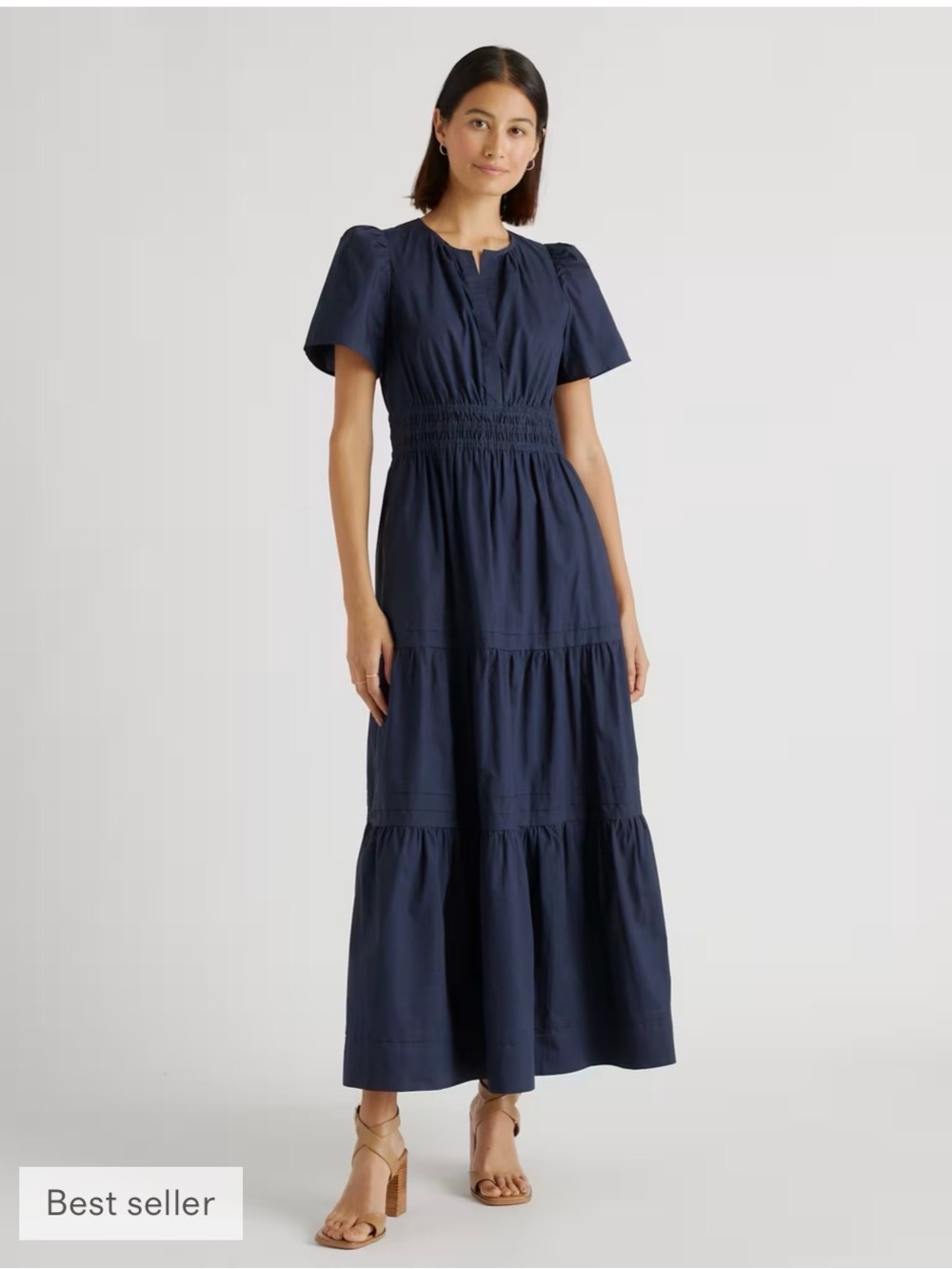 Quince 100% Organic Cotton Poplin Tiered Maxi Dress in Navy Blue Size Medium